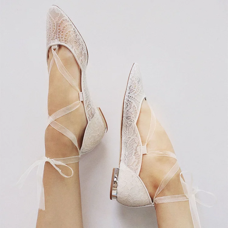 White Lace Cross Over Almond Toe Flats Vdcoo