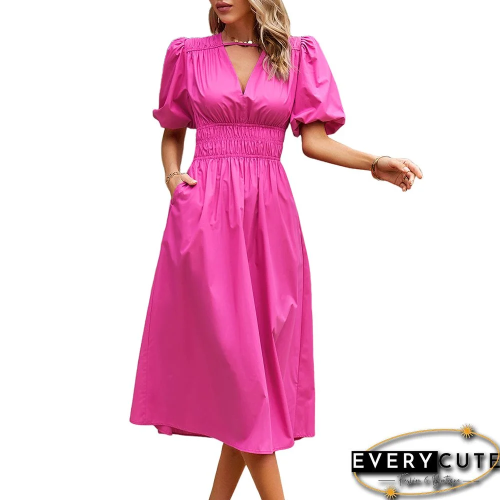 Rose Solid V Neck Pleated Waist Midi Dress