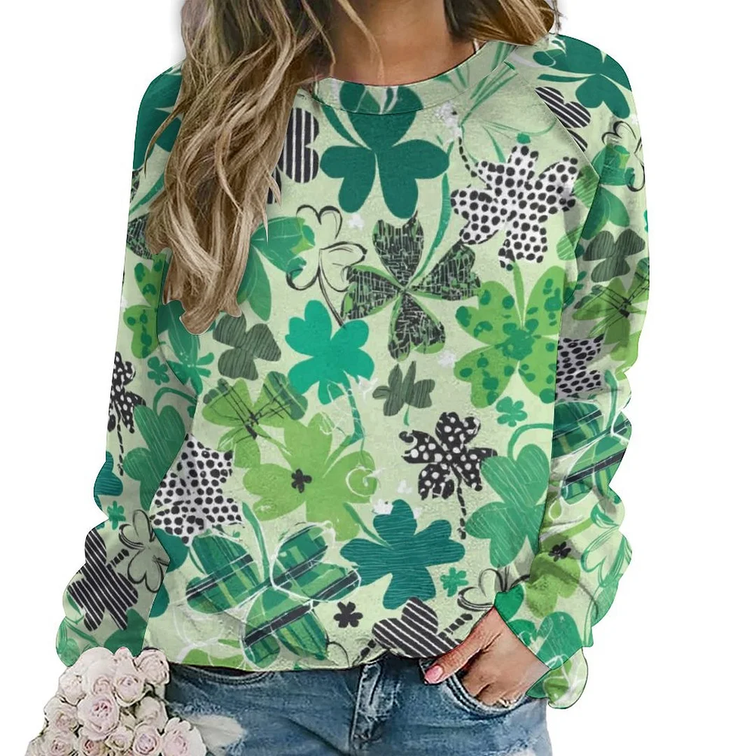 Printed Long Sleeve Casual Sweatshirt for  Women and Men Unisex Pattern St. Patrick's Day, Green, Clover, Lucky