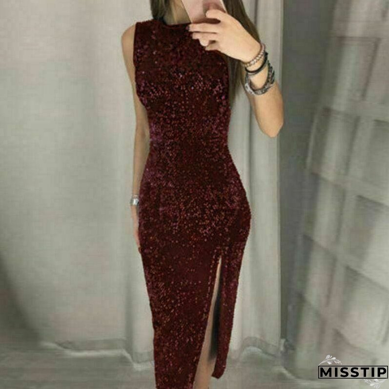 Eleagnt Women's Bodycon Sequin Glitter Midi Short Dress Sexy Lady Sleeveless Slim Split Evening Party Gown Dress