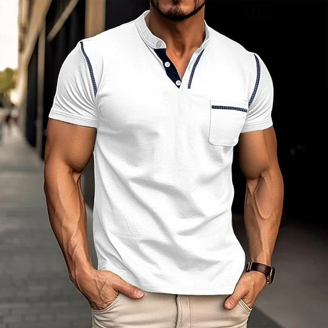 Men's Waffle Henley Plaid Short Sleeve Button Tee
