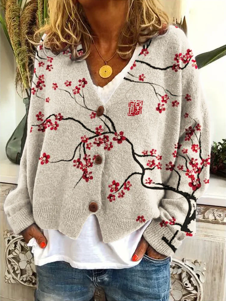 VChics Classy Cherry Blossom Japanese Art Cozy Knit Cardigan
