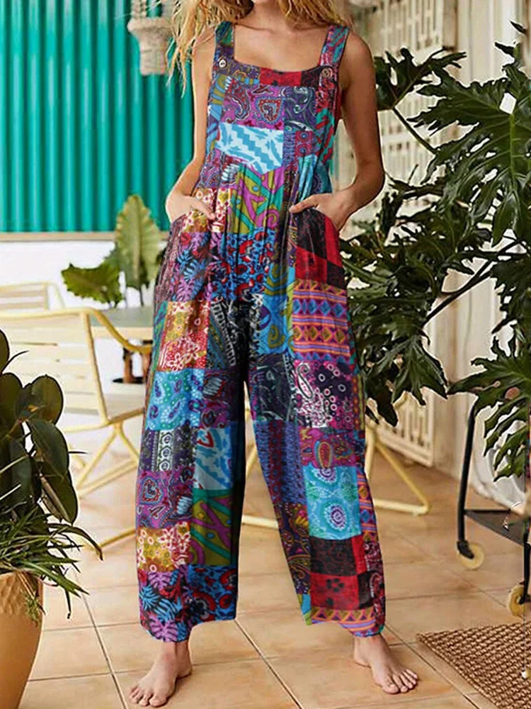 Summer Boho Jumpsuits | Women's Wide Leg Overalls Casual Floral Print Rompers Beach Outfits With Pocket