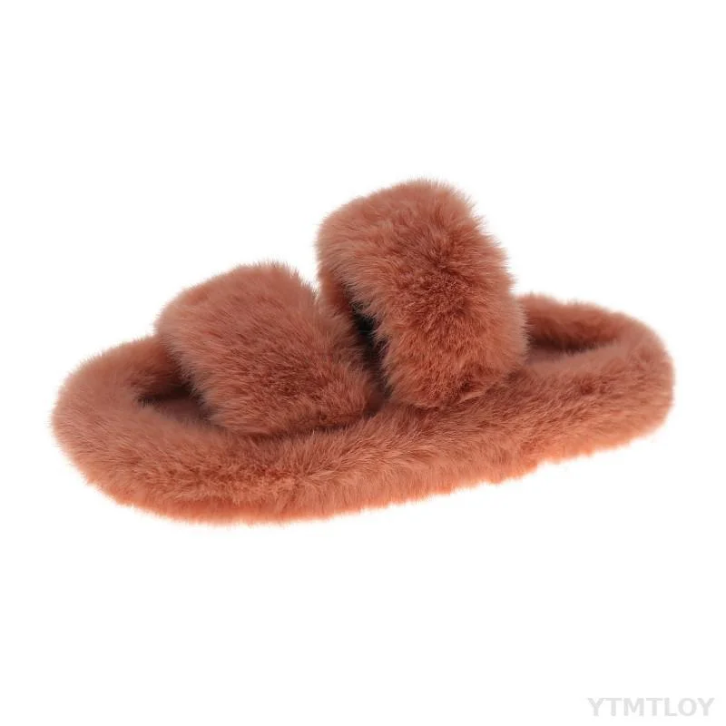 Winter Women House Furry Slippers Fashion Faux Fur Warm Shoes Slip On Flats Female Home Slides Black Plush Indoor Ytmtloy