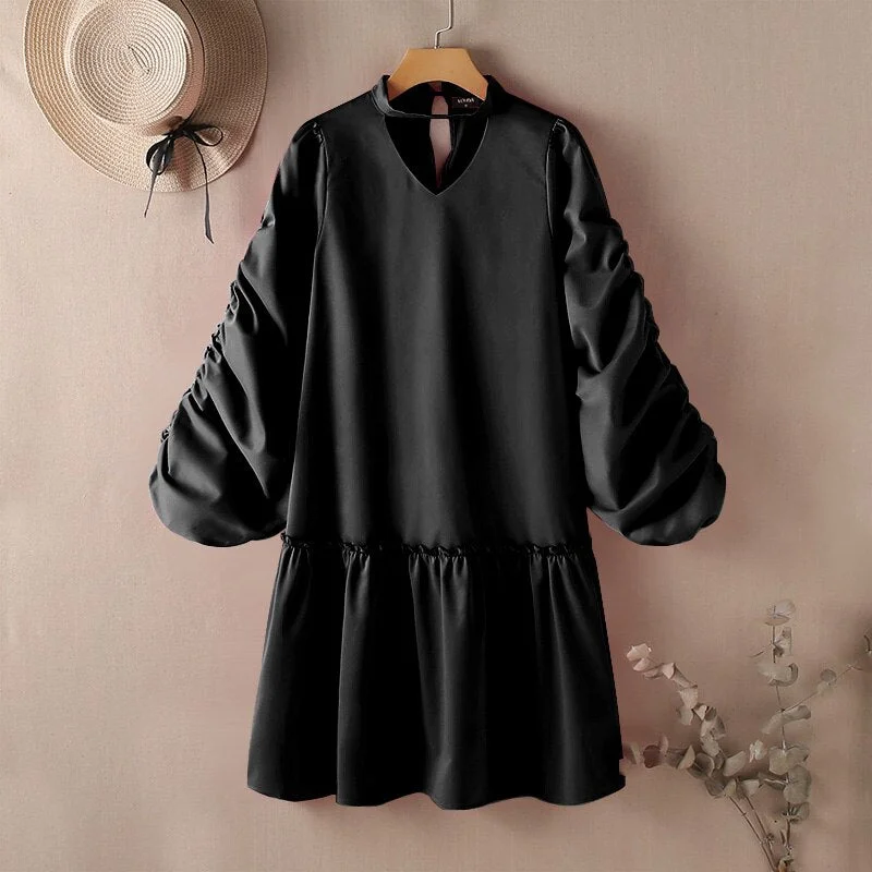 Women Elegant Midi Dress 2022 VONDA Casual Solid Color V Neck Party Dresses Beach Puff Sleeve Ruffled Hem Vestido Femininas