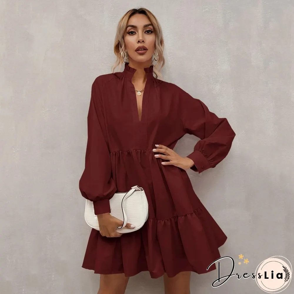 Pleated Skirt Solid V-neck Lantern Dress
