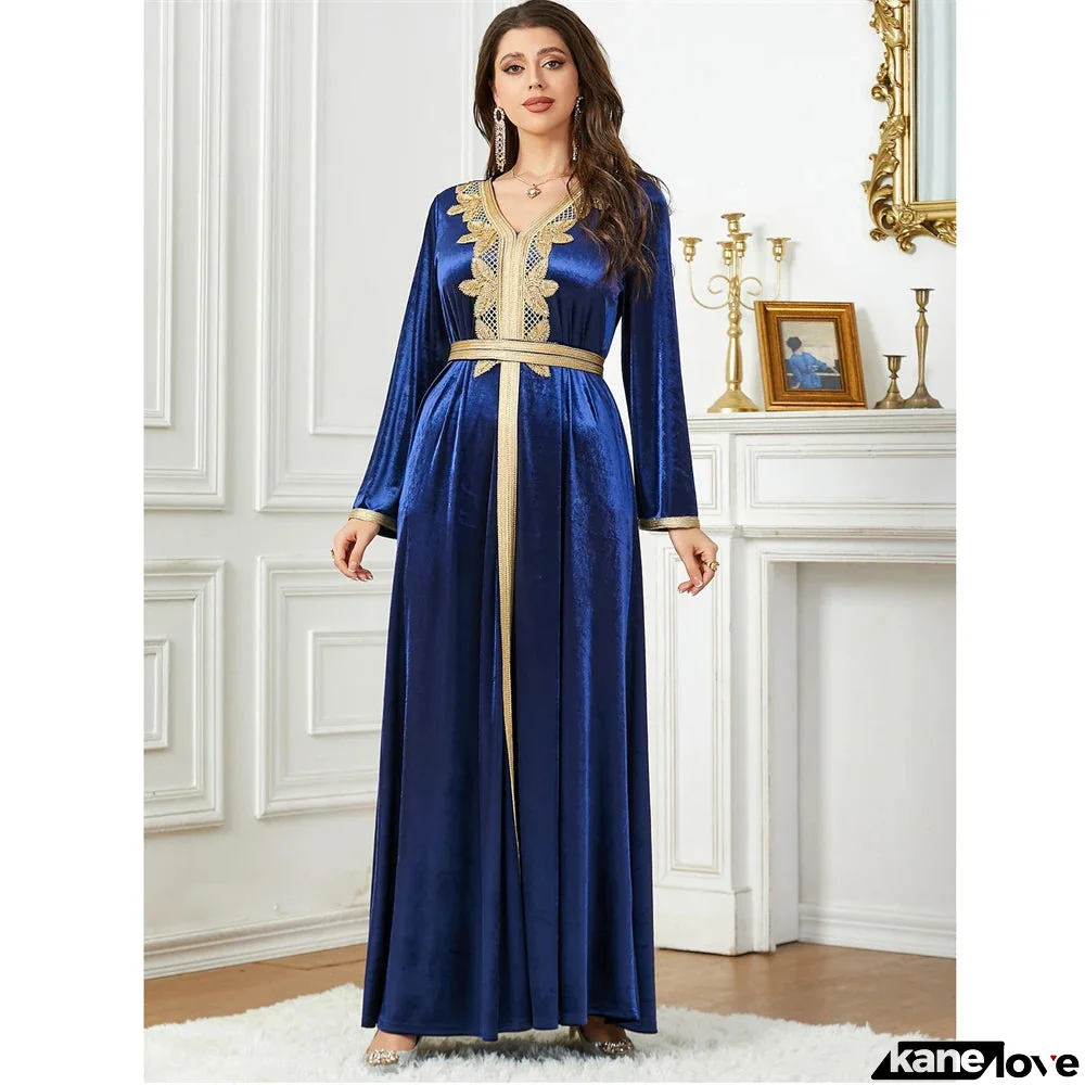 Women's Arabian V-Neck Polyester Full Sleeve Embroidery Dresses