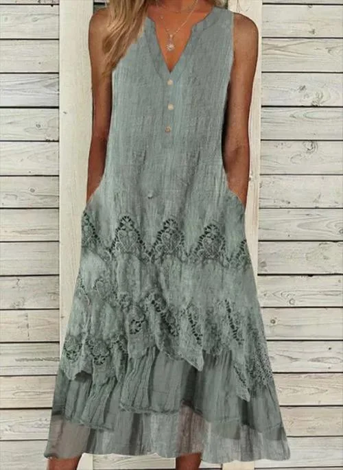 Solid Tunic V-Neckline Midi A-line Dress
