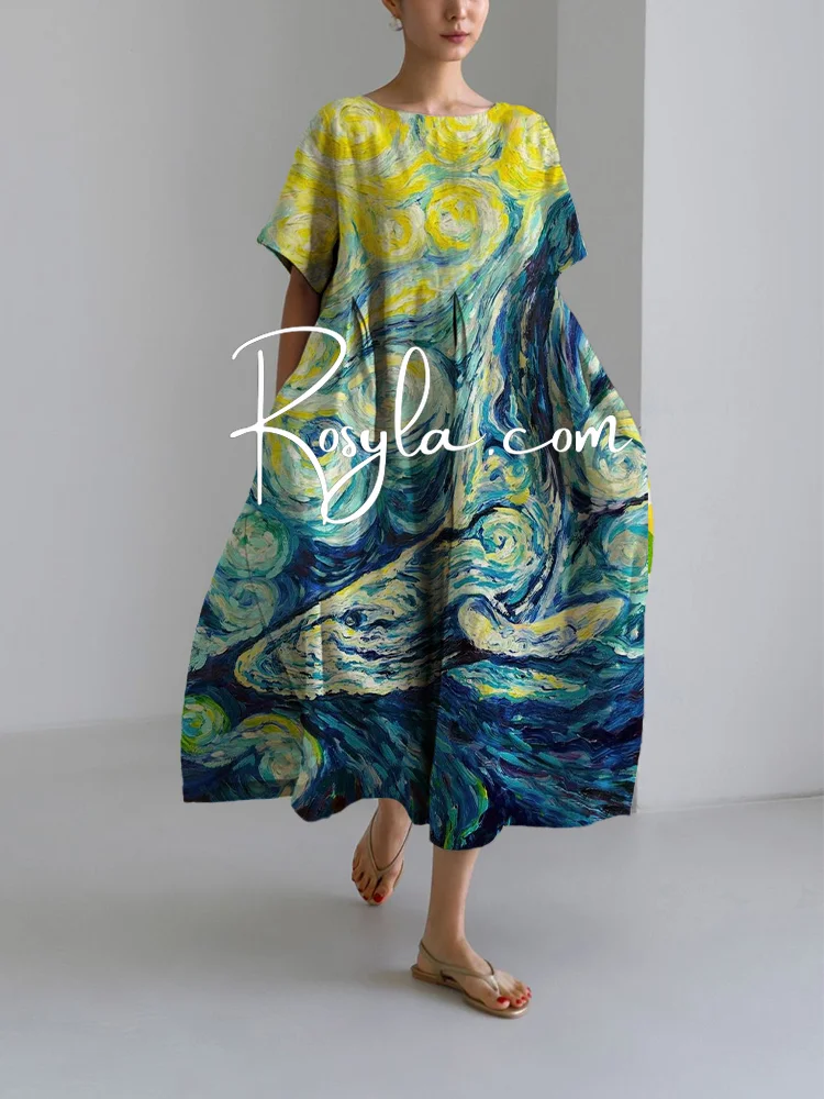 Women's Casual Oil Whale Print Loose Round Neck Medium Length Skirt Dress