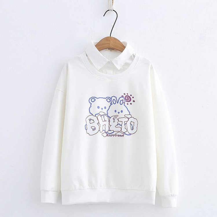 Cartoon Bear Bunny Print Fake Two Pieces Sweatshirt - Modakawa modakawa