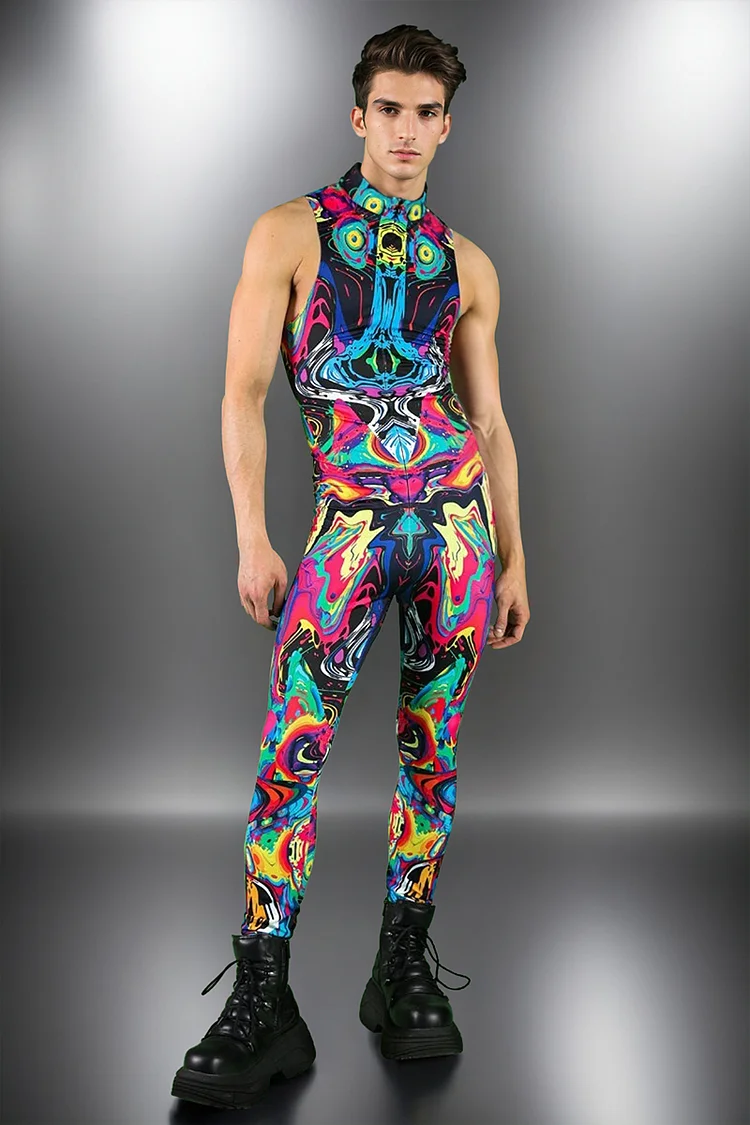 Ciciful Men's Colorful Psychedelic Print Sleeveless High Neck Festival Jumpsuit