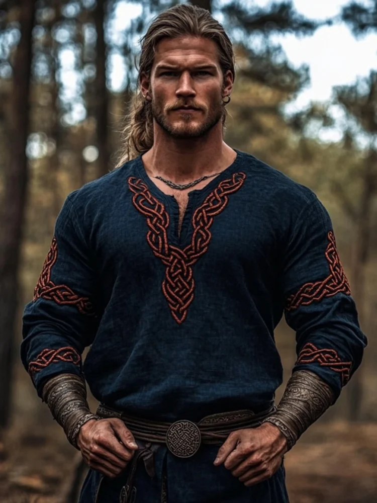 Men's Vintage Viking Celtic Knot Totem Linen V-neck Shirt