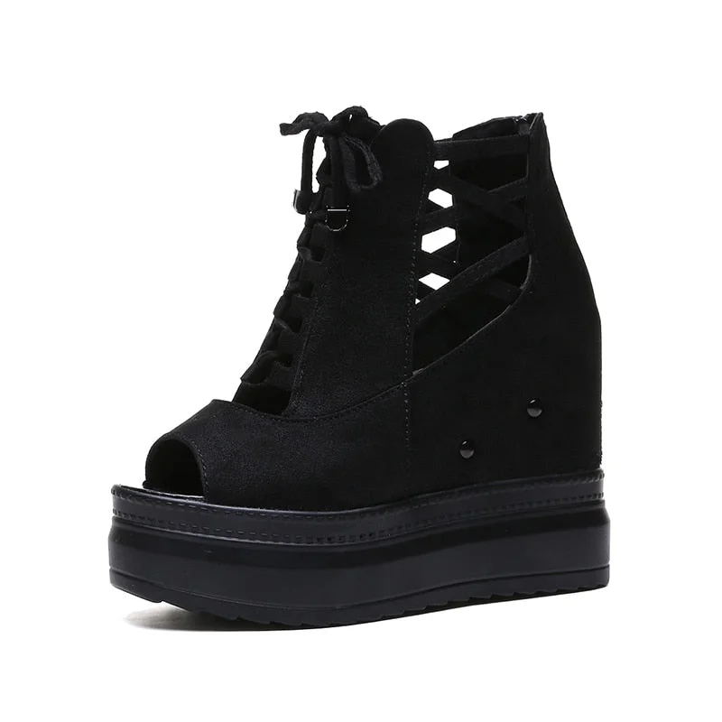 Summer Height Increasing Ankle Boots For Women Hollow Out Pep Toe Shoes Woman Fashion Cross Strap Chunky Platform Booties