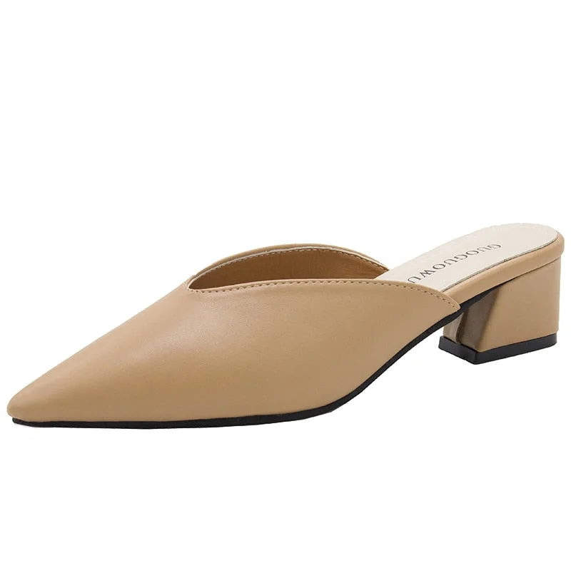 2020 Summer Fashion Women Pointed Toe Slipper Nude White Square Low Heels Outsides Ladies Slides Luxury Brand Beach Mules Shoes