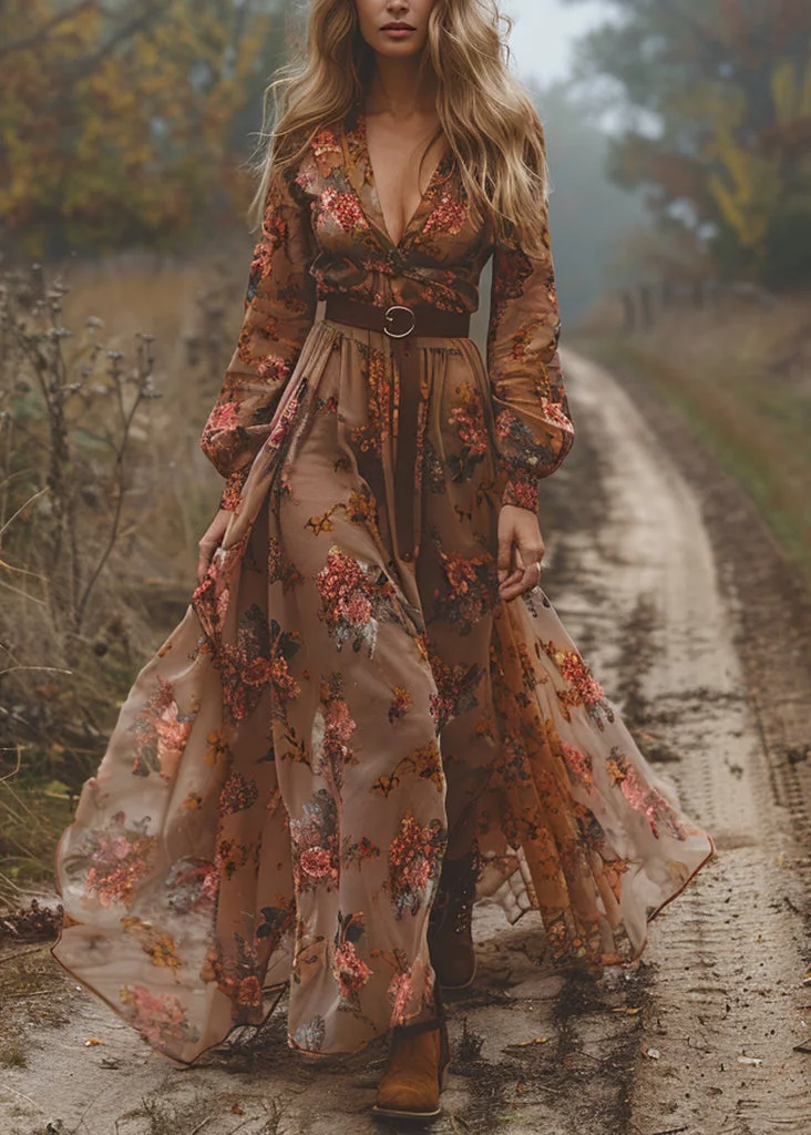 Bohemian Caramel V Neck Print Exra Large Hem Chiffon Dress Fall