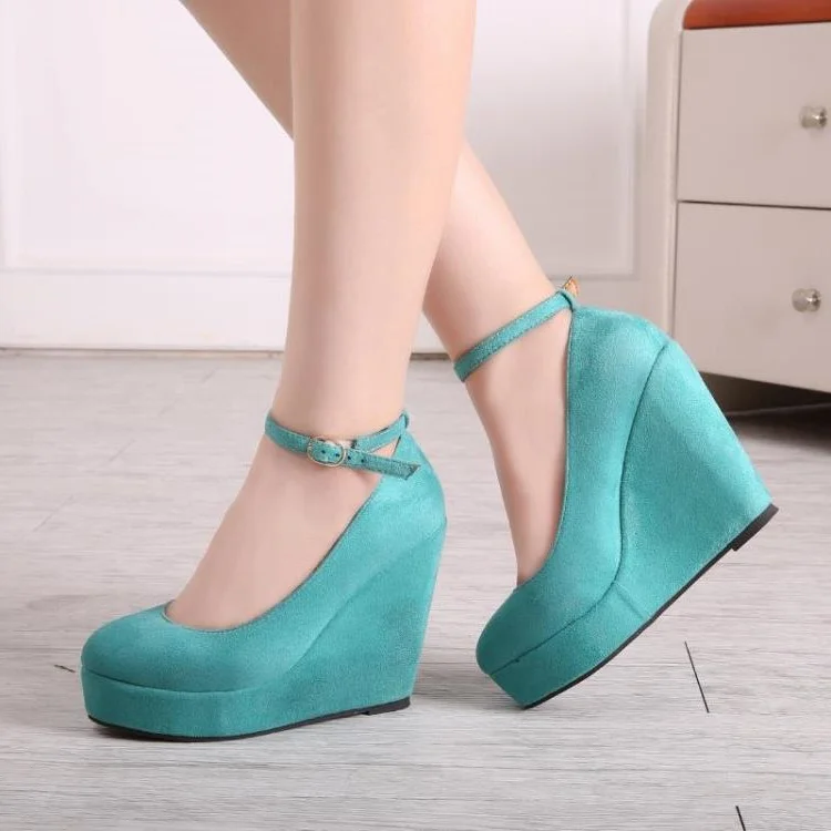 Turquoise Suede Platform Ankle Strap Wedges Pumps Vdcoo