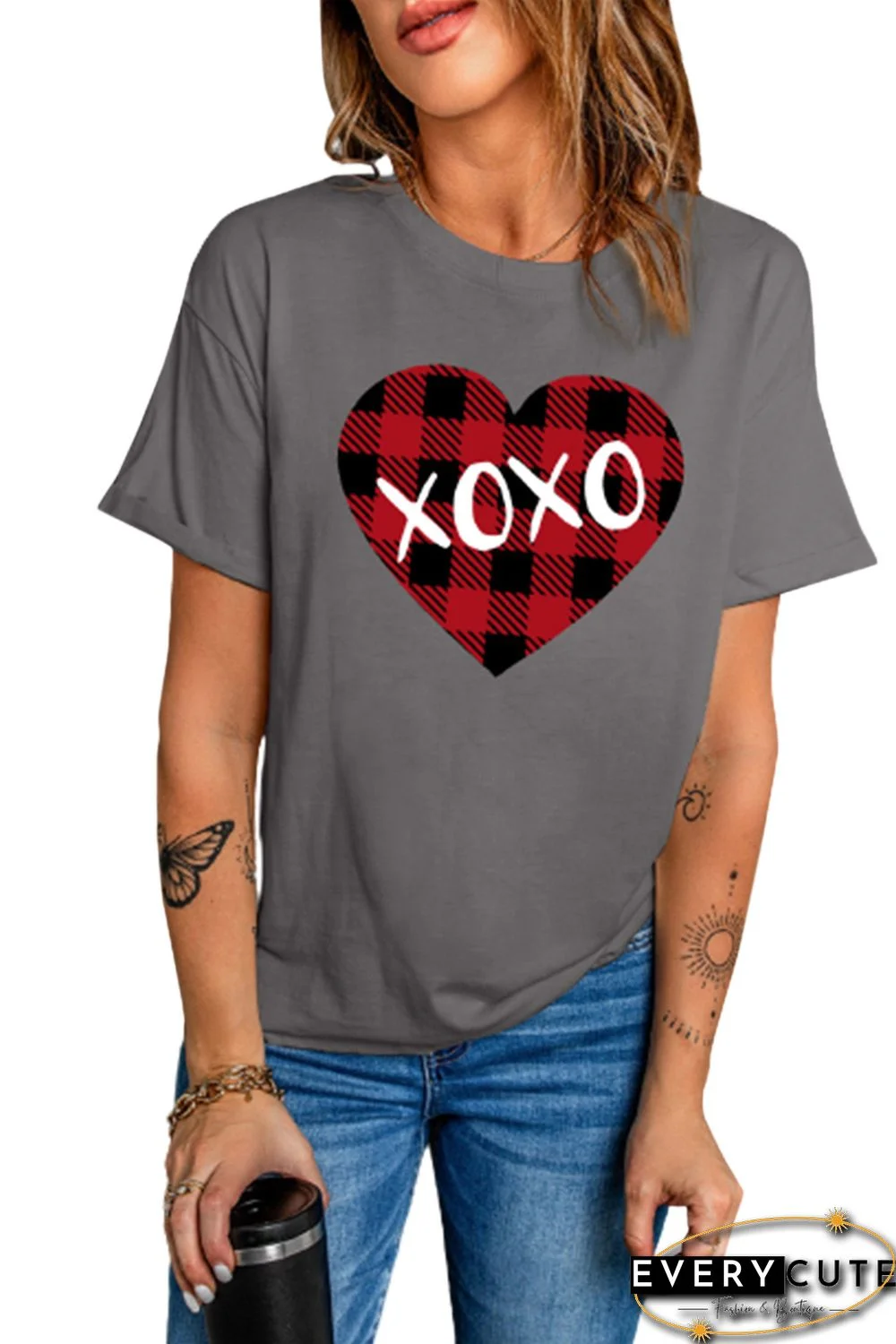 XOXO Plaid Heart Print Crew Neck Graphic Tee