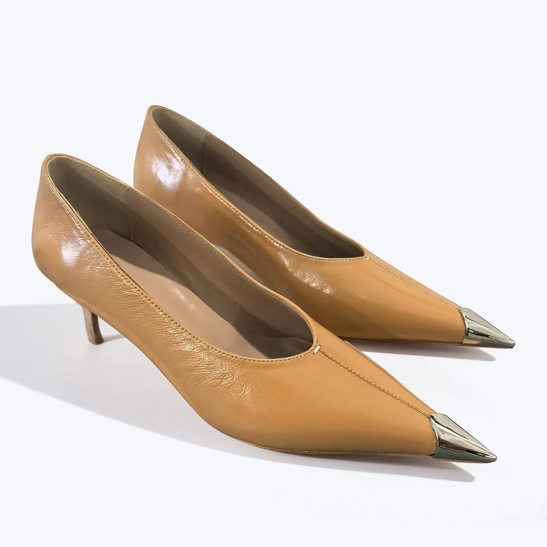 50mm Women's Kitten Heel Metal Pointed Toe High Heels Red Bottom Shoes Genuine Leather -MERUMOTE