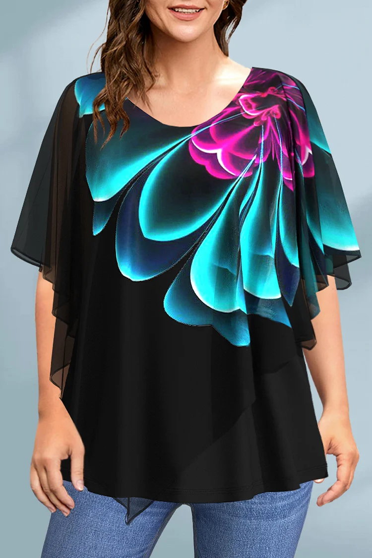 Flycurvy Plus Size Dressy Black Chiffon Floral Print Batwing Sleeve Layered Blouse  Flycurvy [product_label]