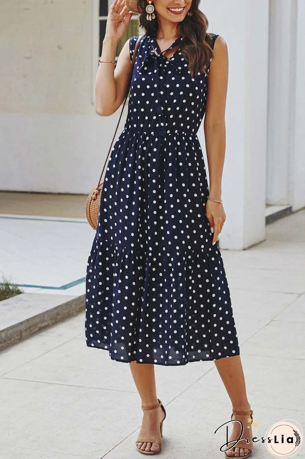 Polka Dot Tie Neck Sleeveless Dress