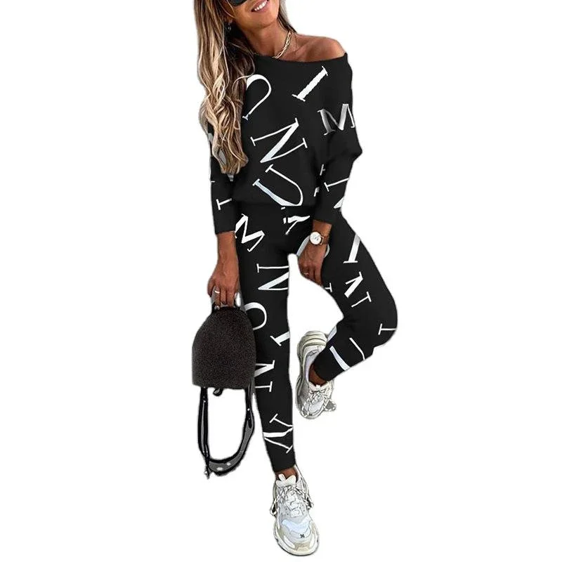Women's Letter Printing Long Sleeve Trousers Casual Suit