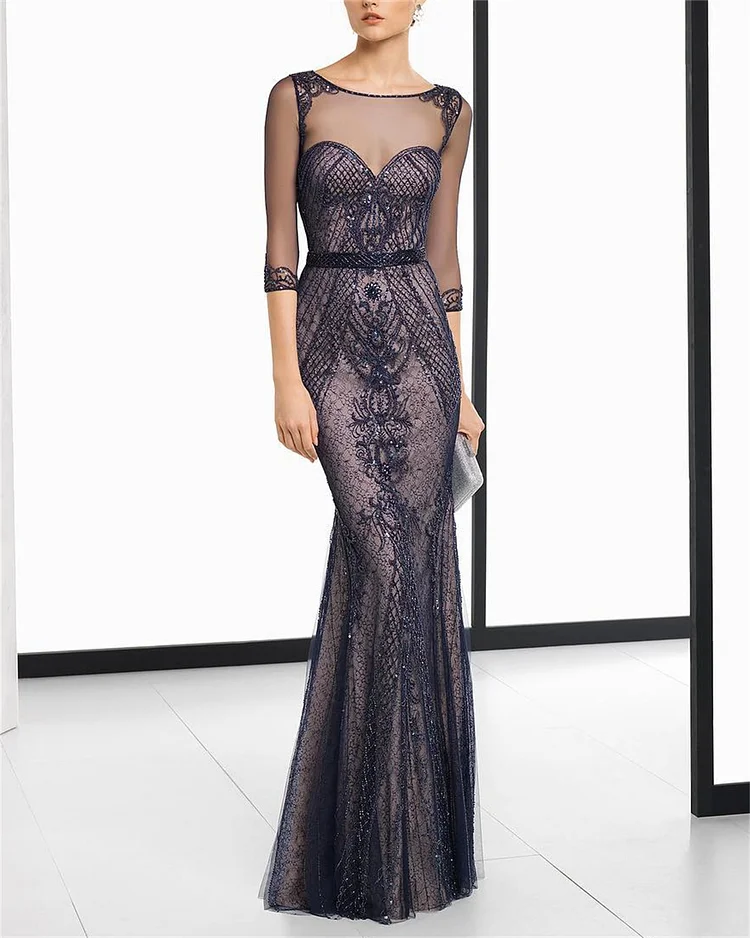 Women's Crewneck Embroidered Mesh Dress