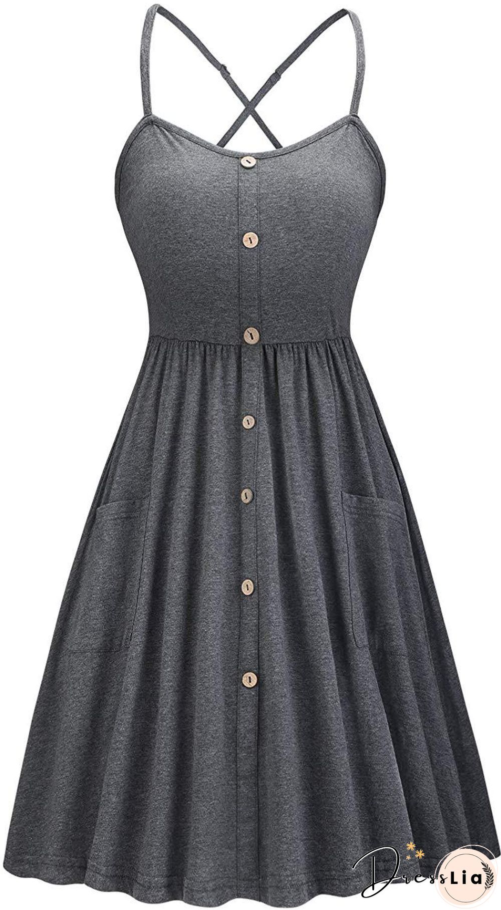 Button Pocket Solid Suspender Dress