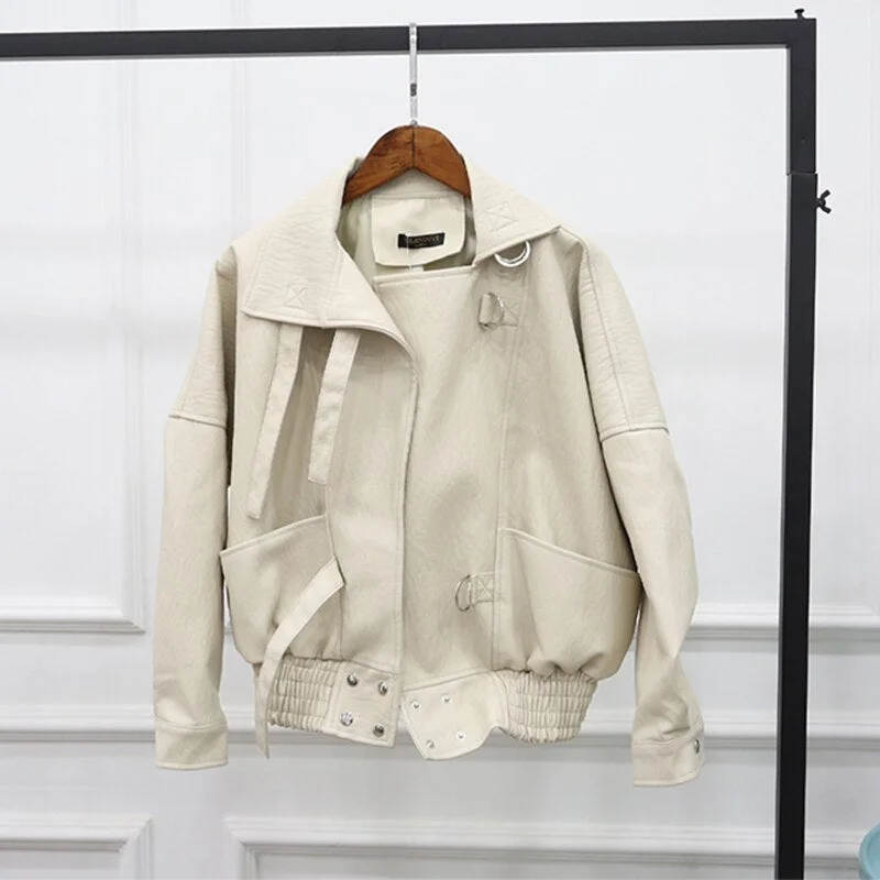 FTLZZ New Fashion Street Faux Leather Jacket Women Casual Loose Batwing Sleeve Washed Pu Leather Coat Biker Jackets