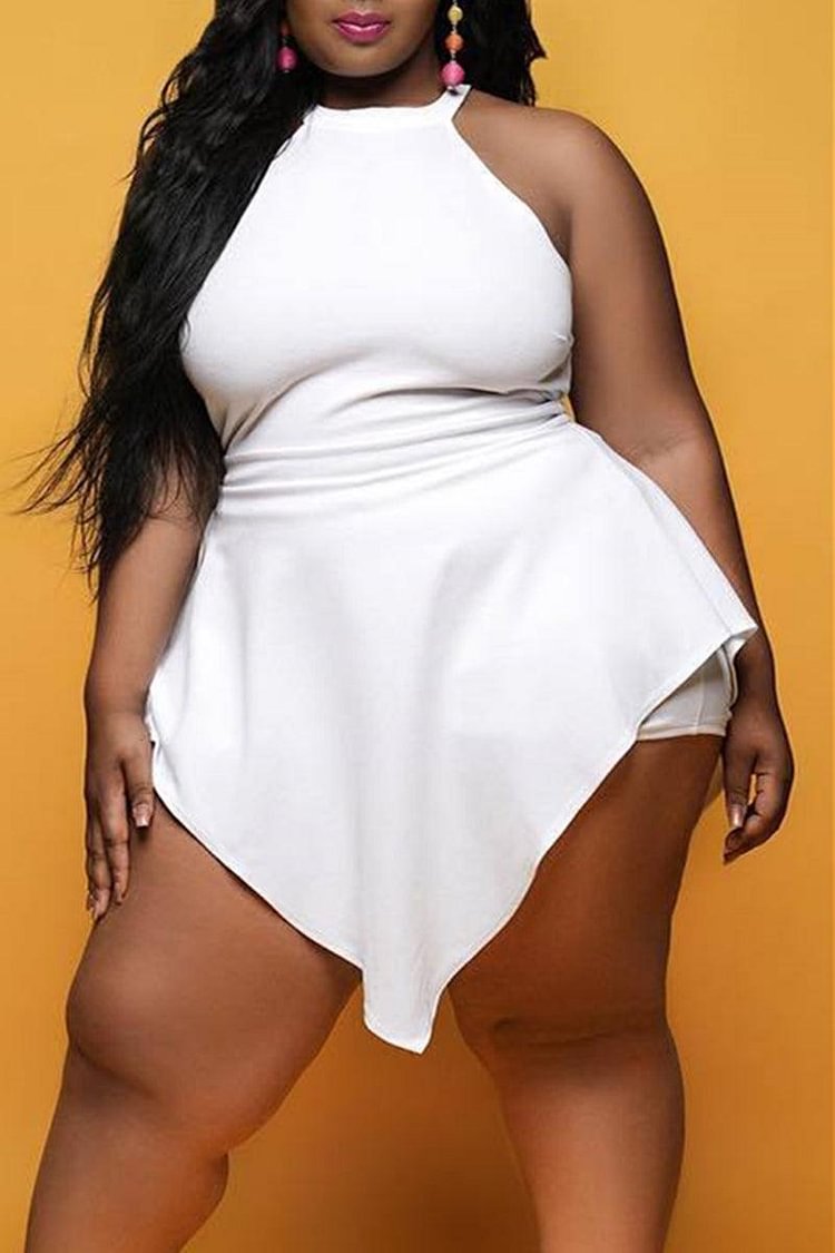 Plus Size White Summer Halter Sleeveless Romper