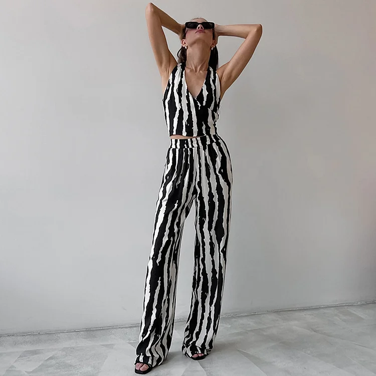 Street Style Zebra Print Hanging Top and Pants Suits
