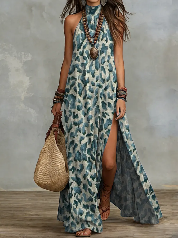Women's Vintage-style Leopard Print Art-inspired Halter Maxi Dress &acirc; Casual & Chic