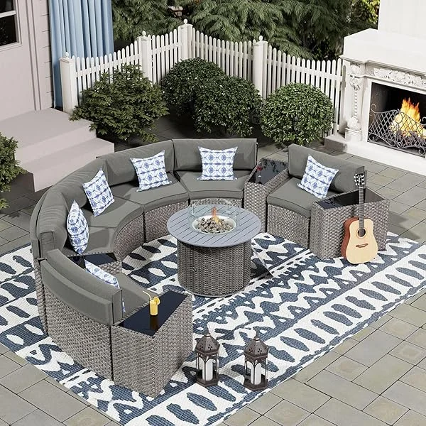 Patio Furniture Set,Fully Assembled Outdoor Sectional Sofa，Half-Moon Curved Modular 4 Pieces Heavy Duty Wicker Furniture Set for Porch,Backyard,Blue 4pcs/Side table