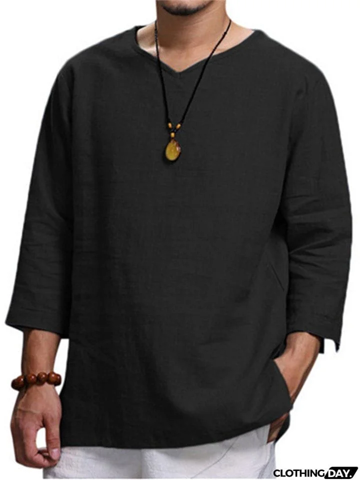 V-Neck Solid Color Loose Comfy Shirts For Men