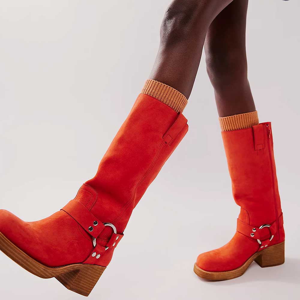 Red Square Toe Studded Platform Mid-Calf Boots with Buckle Decor Nicepairs