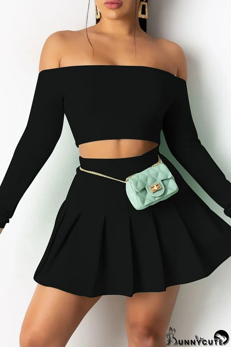 Black Sexy Casual Solid Backless Off the Shoulder Long Sleeve Two Pieces