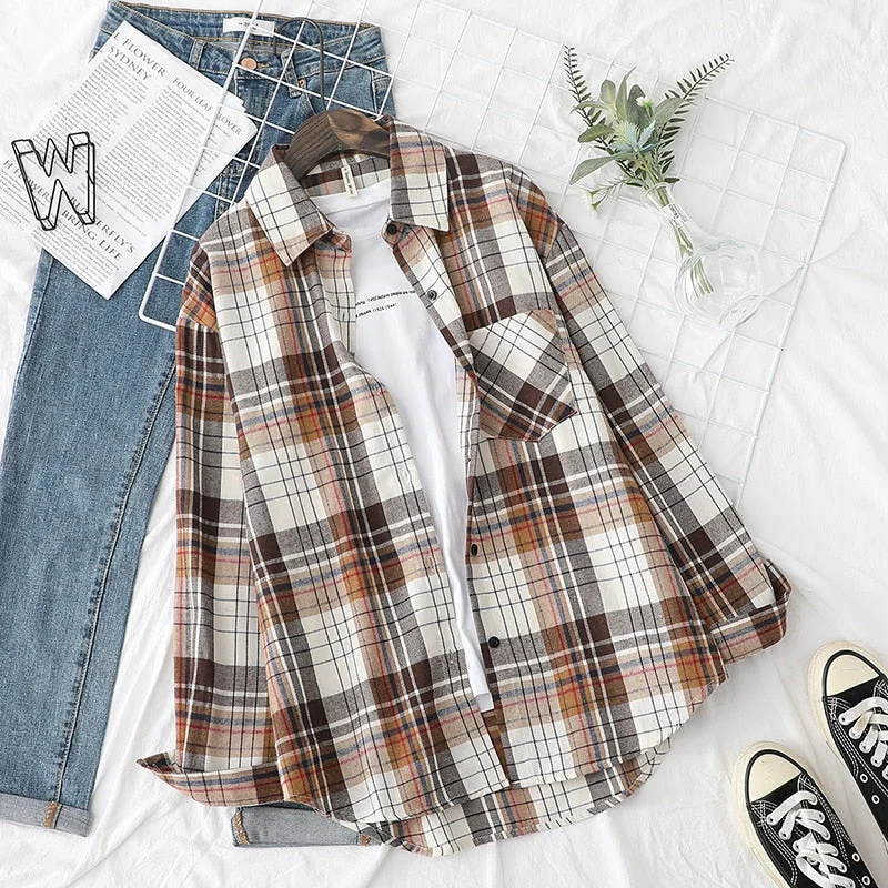 2022 Spring New Plaid Flannel Shirt Women Blouses And Tops Retro Cotton Lady Loose Outwear Chemisier Femme