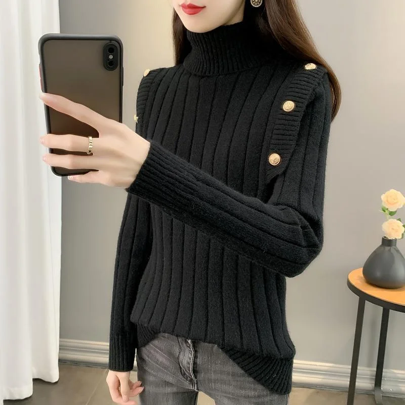 Pongl Winter Women's Turtleneck Pullover Solid Button Flocking Long Sleeve Screw Thread Sweater Knitted Casual Elegant Tops