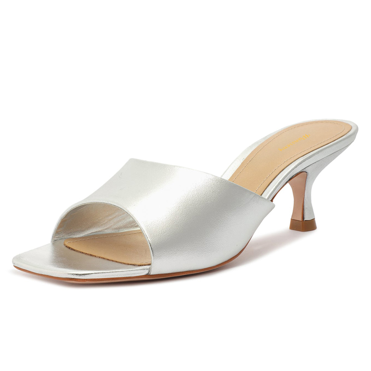 Silver Vegan Leather Slip-on Open Square Toe Kitten Heeled Mules Nicepairs