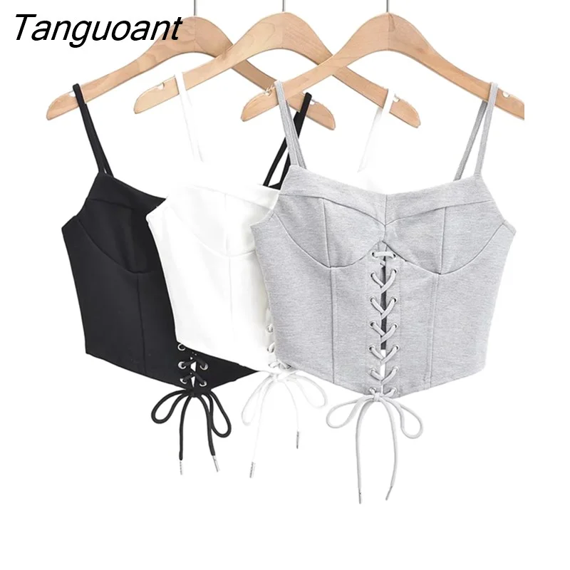 Tanguoant Harajuku Tie Bow Adjust Lace-up Bandage Camisole Women Summer Corset Sexy Tank Tops Retro Cool Girl Slim Crop Top Tees