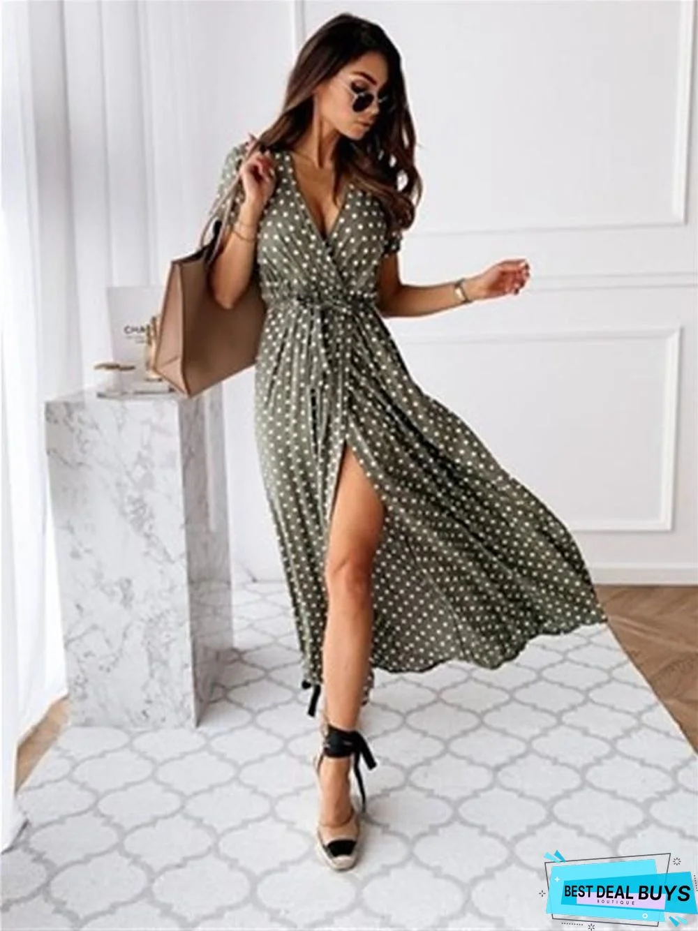 Women's Wrap Dress Maxi Long Dress - Short Sleeve Polka Dot Print Summer V Neck Hot Casual Sexy Black Blue Blushing Pink Dark Green Black Dresses