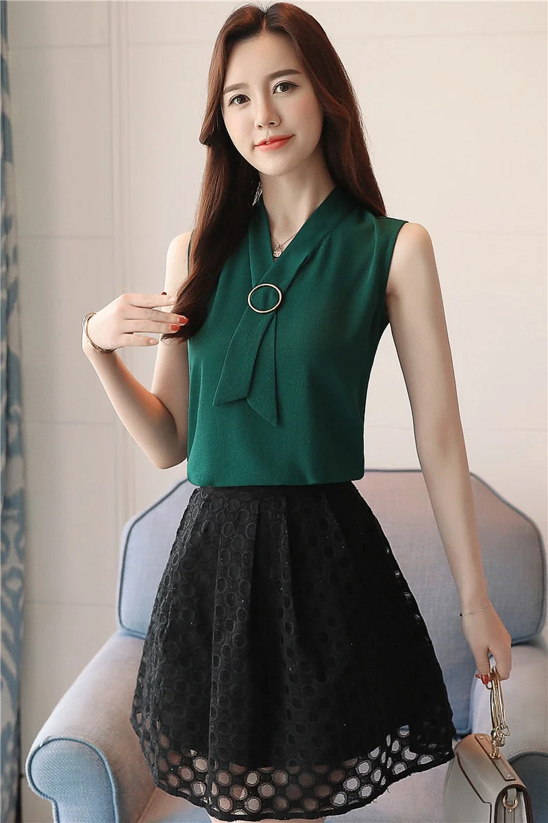 New 2021 Summer Sleeveless Elegant Chiffon Women Blouses Solid Casual Fashion Top Vest Simple Soft Female Clothing Shirt 0234 40
