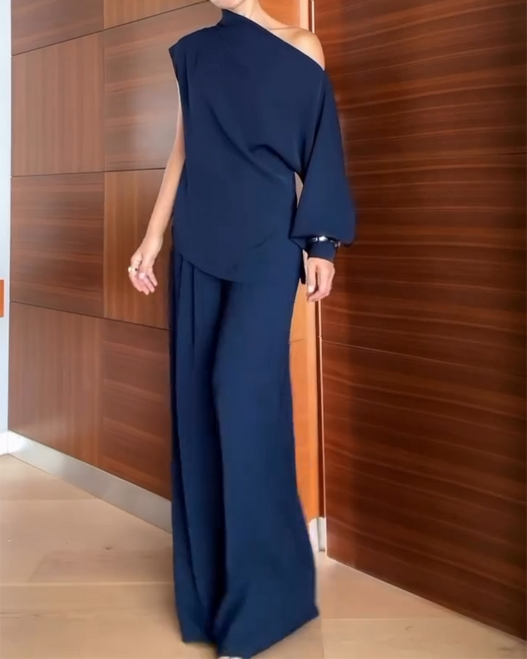 One-shoulder Off-the-shoulder Long-sleeved Top and Pants Two-piece Set