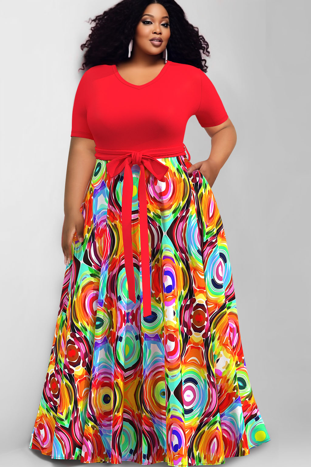 Design Plus Size Casual Red All Over Print V Neck Short Sleeve Wrap Pocket Maxi Dress [Pre-Order]