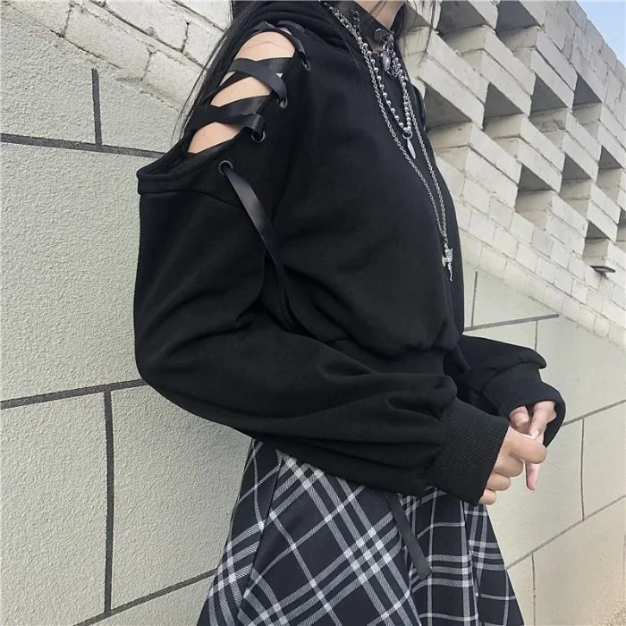 Lace-Up Long Sleeve Cat Ear Hooded Top / Plaid A-Line Skirt SP17465