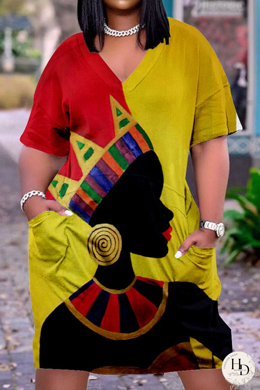 Shallow Yellow Fashion Casual Print Basic V Neck Short Sleeve Dress