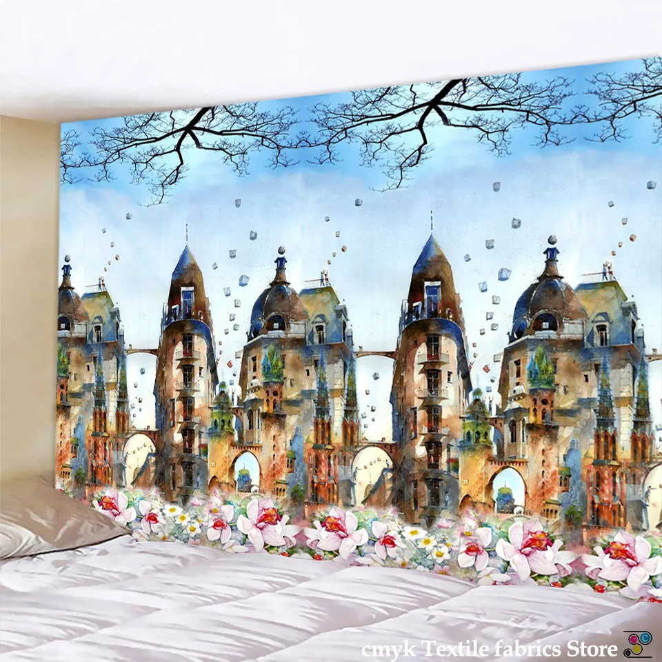 Nigikala Retro Oil Painting Architecture Print Tapestry Hippie Polyester Fabric Home Decor Wall Rug Carpets Hanging