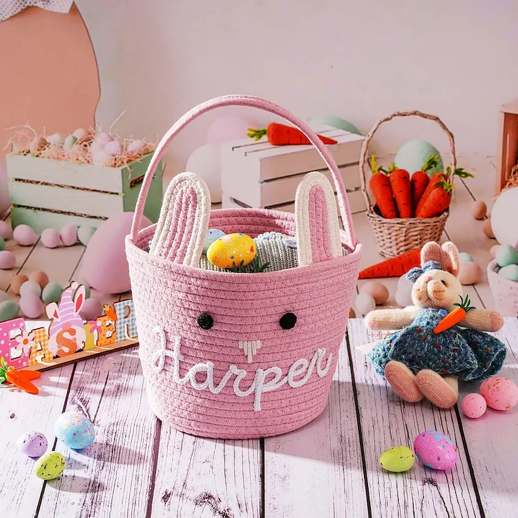 Easter Basket For Kids - 2026 Personalized Bunny Baskets Baby Shower Gift, Custom Cotton Rope Egg Hunt Keepsake
