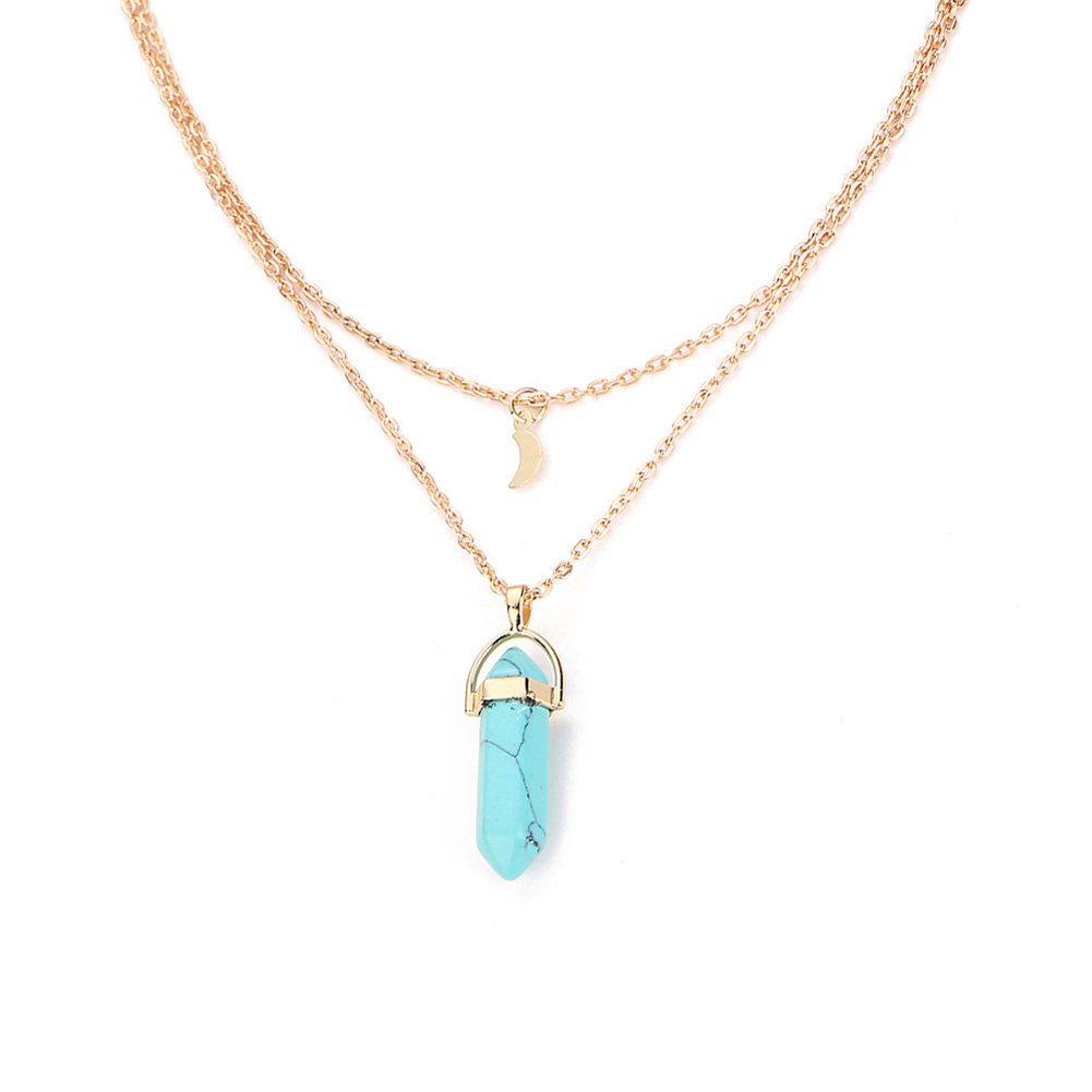 

Multilayer Moon Hexagon Pendant Necklace Stone Women Clavicle Chain Jewelry, Blue, 501 Original