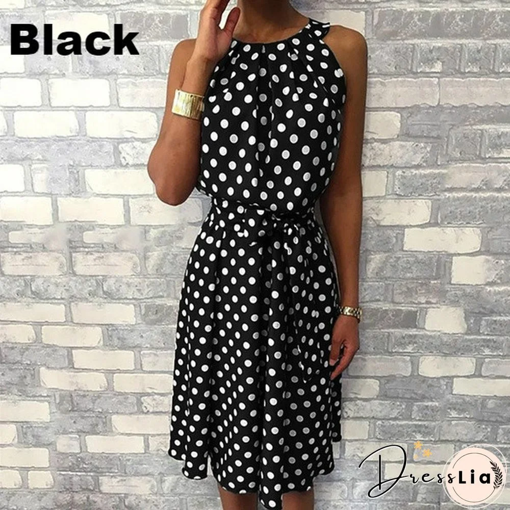 New Fashion Women Round Neck Summer Polka Dot Printed Sleeveless Dress Ladies Casual Mid-length Plus Size Dress