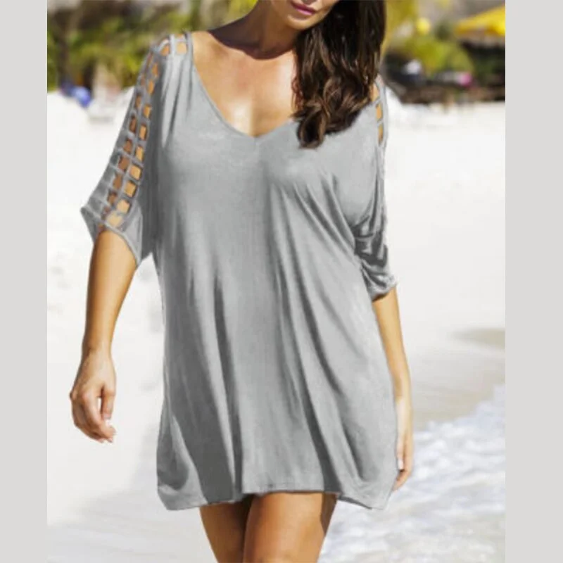 Sexy Women Summer Beach Cover Up Beachwear Sarong Hollow Out Summer Female Beach Wear Kaftan Loose Dress Plus Size